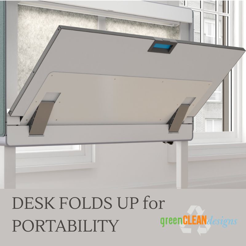 Folding office desk open with dual monitor arms LED task light and integrated power