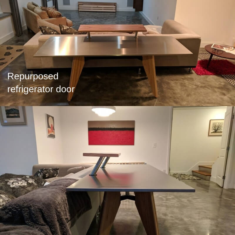 repurposed refrigerator door into table