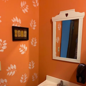 melon colored paint in bathroom