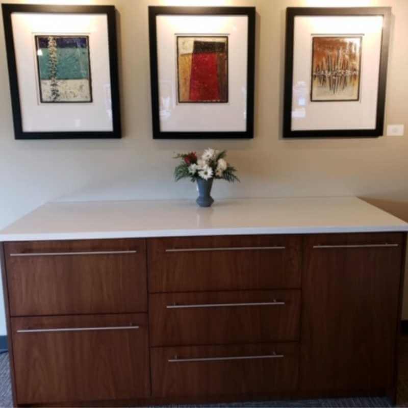 Conference room credenza with refrigerator and trash
