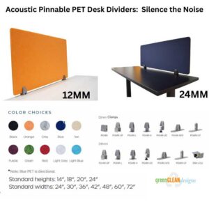 Acoustic pinnable desk dividers in 12mm and 24mm thicknesses with PET color swatches.