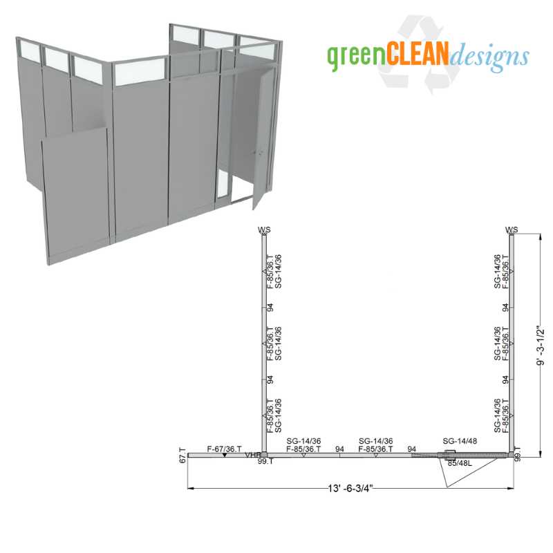 3D rendering and 2D floor plan for 99 inch tall cubicle offices with doors designed for an insurance company by Green Clean Designs