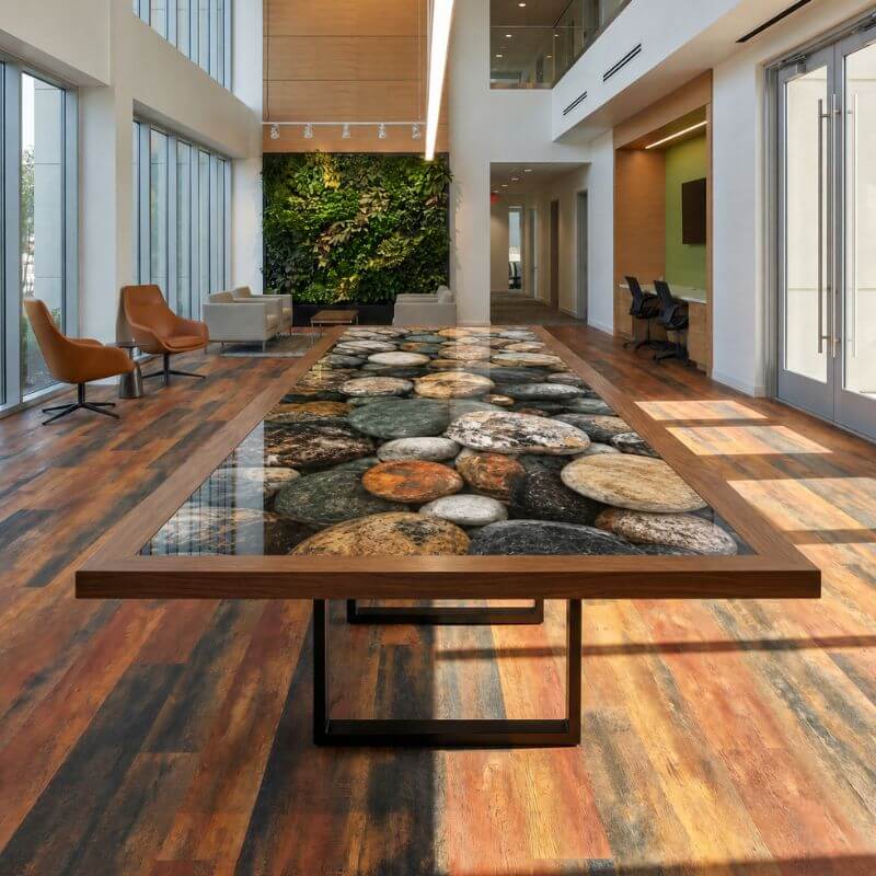custom laminate conference table from a river rock photograph