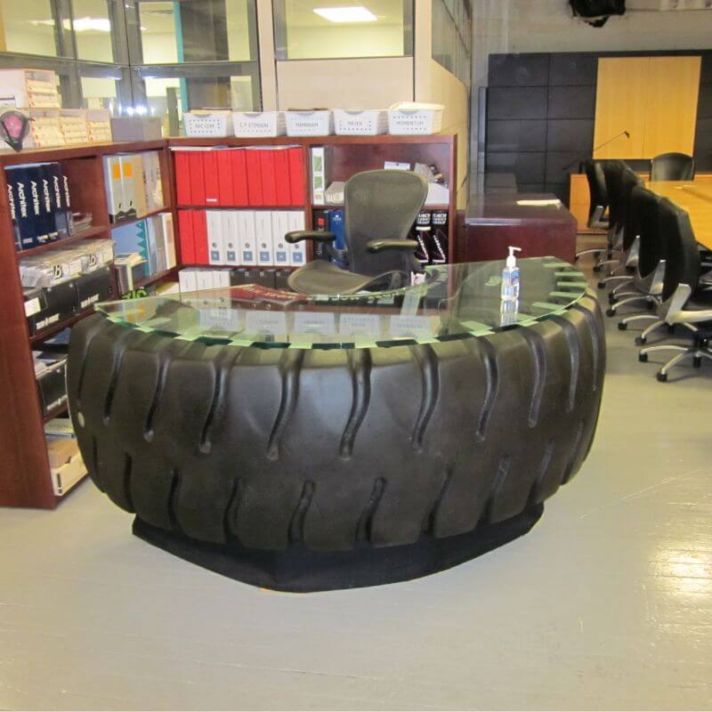custom reception desk from a tire