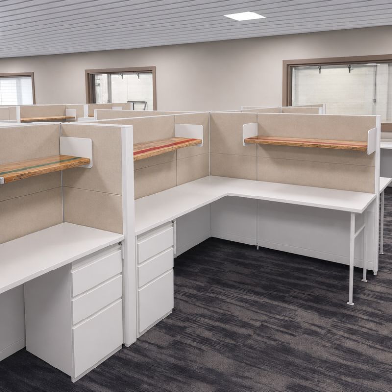 remanufactured Herman Miller Ethospace cubicles with beige fabric white trim and reclaimed gym floor shelf